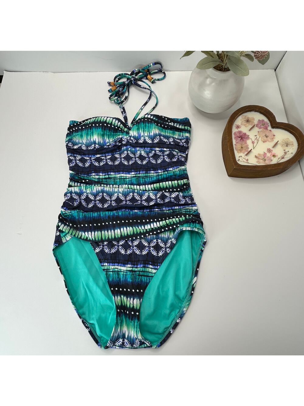Bleu by Rod Beattie Molded-Cup One-Piece Halter Swimsuit Blue/Green Women 8 NWT